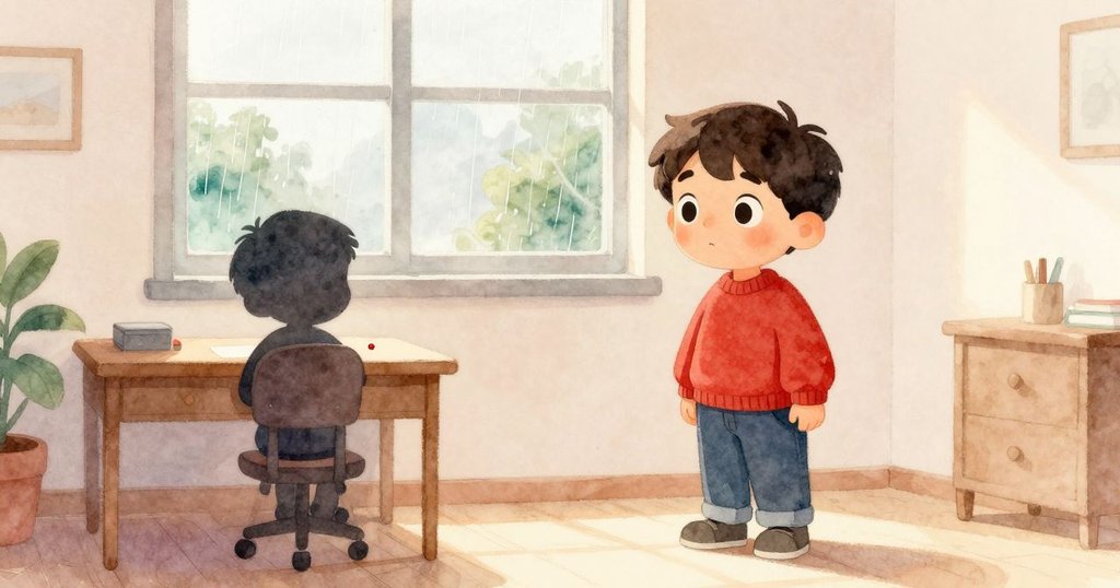 克魯茲站在窗邊的桌旁，雨滴輕敲高窗，房內溫馨，鈕扣靜靜等待著被發現