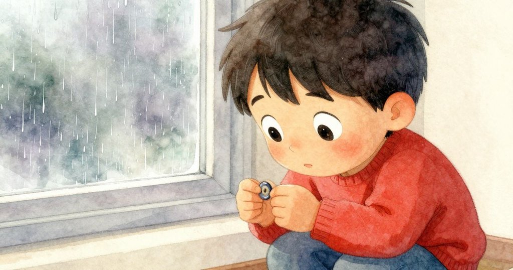 克魯茲凝視著桌上圓鈕扣，眼中流露出好奇與驚嘆，窗外細雨映襯室內暖意