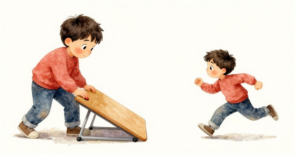 桌子輕微傾斜鈕扣滾走，克魯茲急速追趕，場面動感急促，房內物品散落增添故事張力