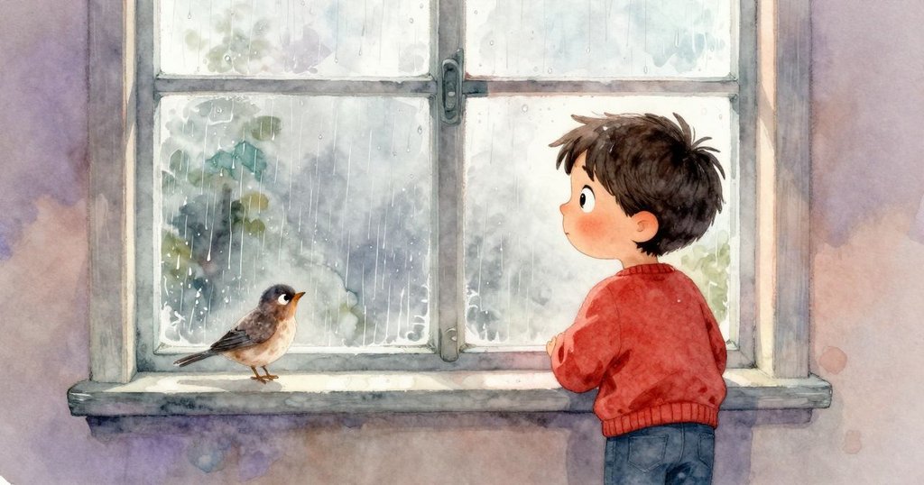 雨水輕敲高窗，一隻小鳥靜靜落在窗台上，室內氣氛悠然，透露著季節的微妙變化