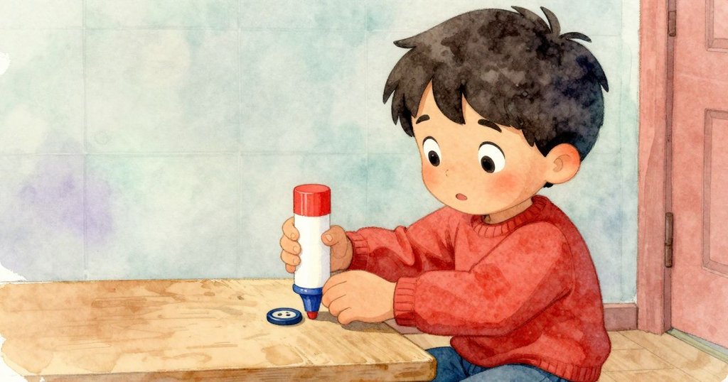 克魯茲迅速拿起膠棒阻止滾動鈕扣，手勢果決專注，膠棒輕觸鈕扣，室內環境溫暖而生動