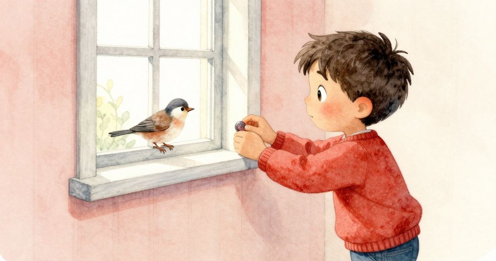 克魯茲小心翼翼將鈕扣放到架上，窗外小鳥輕敲玻璃告別，場景寧靜溫馨，結局充滿安定感