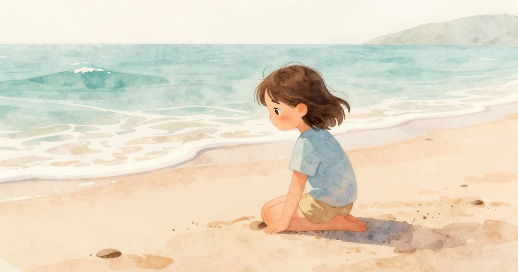 露西婭在溫暖沙灘上跪坐，海浪輕拍，神情平靜，早晨溫柔光線灑落在寧靜海灘上