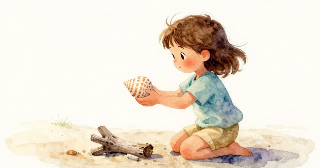 露西婭輕輕拾起一枚條紋閃亮的貝殼，身旁漂流木和沙灘細節豐富，神情專注溫柔