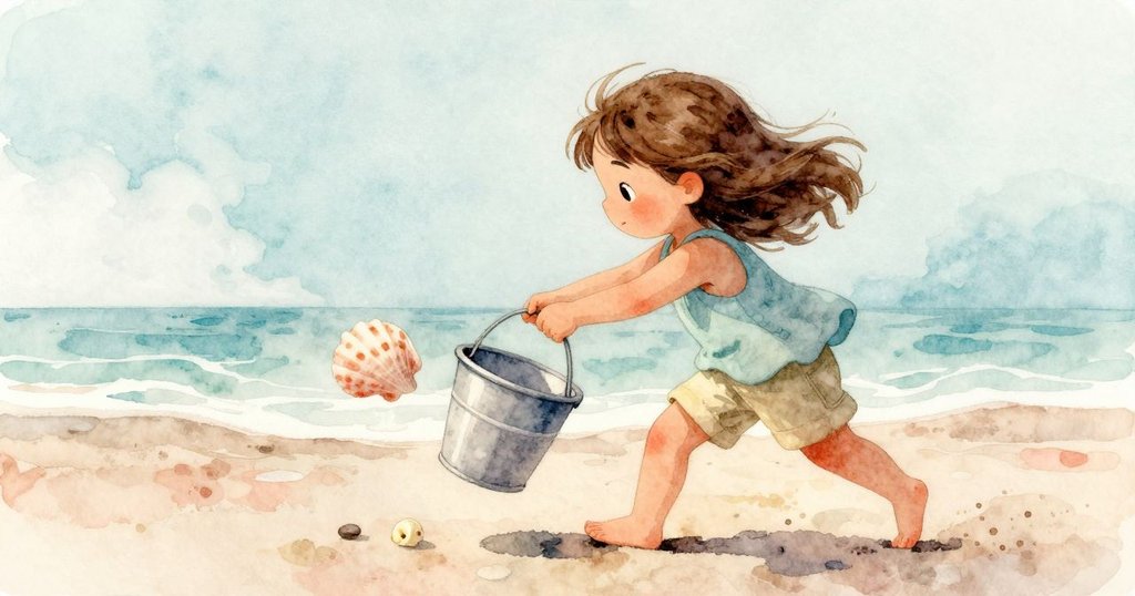 露西婭急忙移動小桶，保護整齊排列的貝殼，輕風吹拂下貝殼旋轉，沙灘動感生動