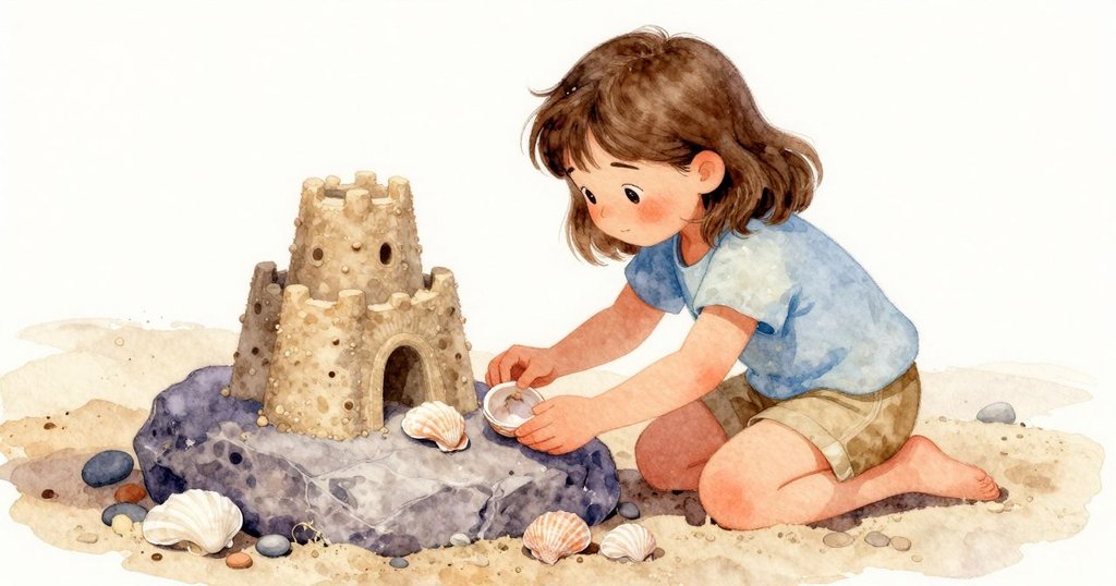 露西婭細心將彎曲貝殼放置在岩石與鵝卵石上，背後斜靠著舊沙堡，陽光溫暖柔和