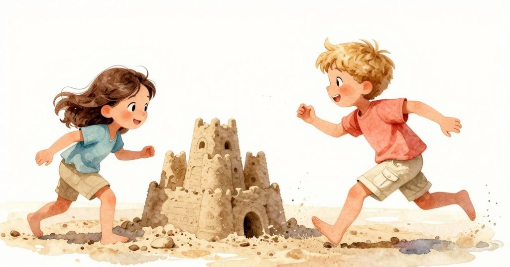 亞奇奔向露西婭，背後舊沙堡與浪花輕拂形成動感場景，兩人表情充滿期待與興奮