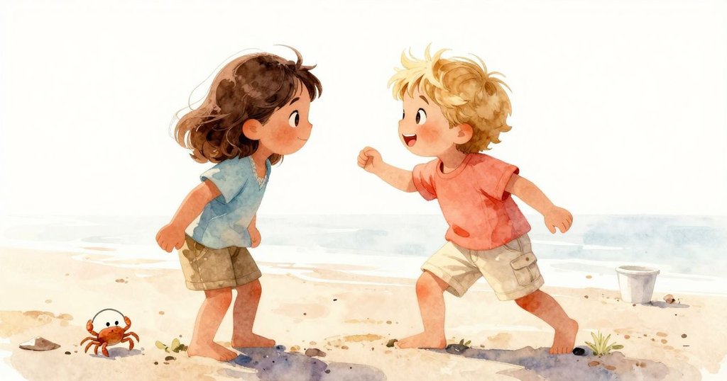 露西婭與亞奇在沙灘上歡聚，共同欣賞穿梭小蟹與小桶，陽光灑下溫馨場景結局