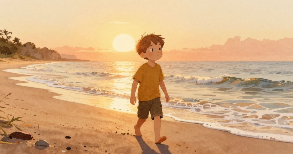 約克在晨曦中沿著濕潤的沙灘走向海邊，神情好奇，天空散發金色溫暖光芒