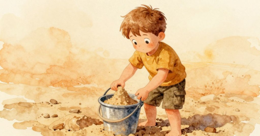 約克正用雙手舀起沙子，沙粒輕輕流淌，專注檢查著小水桶內的沙子，背景是晨光浴灑的沙灘