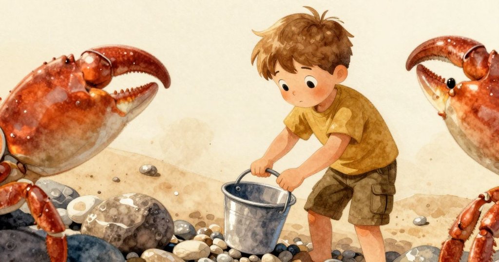 從小生物的視角看去，約克的手在翻轉水桶，沙石間閃爍著微小的氣泡，呈現溫暖神奇的海灘景象