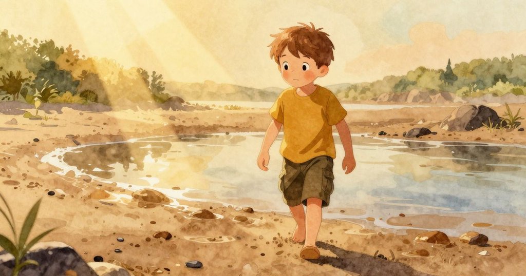 約克走向潮池，手持小籃子裝著濕沙，陽光透過雲層灑下，砌起閃爍沙丘，神情專注