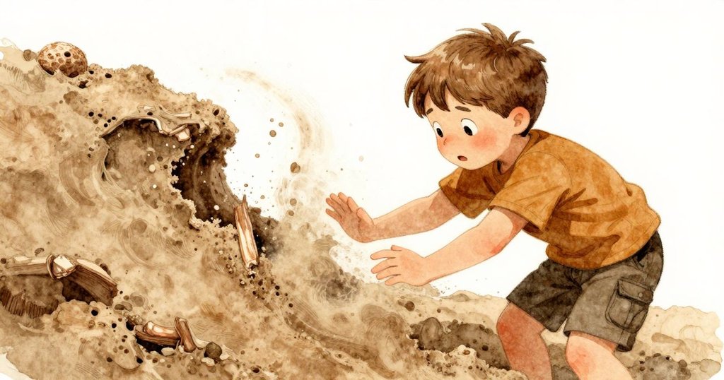 約克見證乾沙逐漸滑落，沙丘邊緣出現輕微崩塌，神情略帶緊張與關懷，陽光穿透斑駁陰影