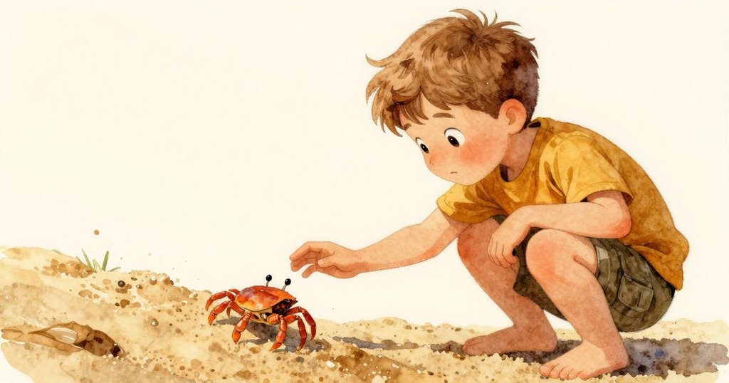 約克蹲下身體靠近閃光沙丘，輕伸手與調皮螃蟹互望交流，神情充滿好奇與溫柔，海邊細膩呈現