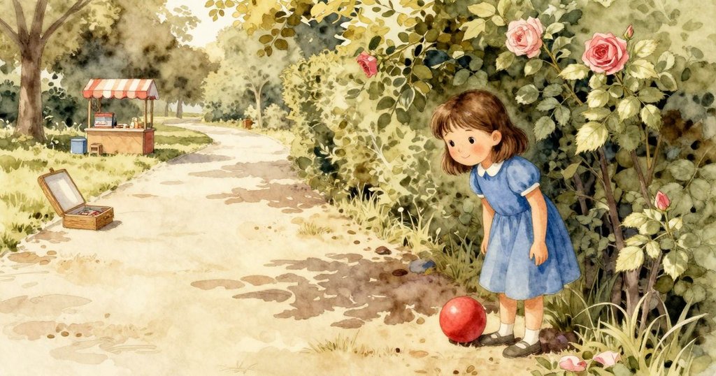 菲歐娜在公園小徑上蹲著，旁邊露出午餐盒與紅球，背景有綠籬和玩具攤，散發著早晨的溫暖氣息