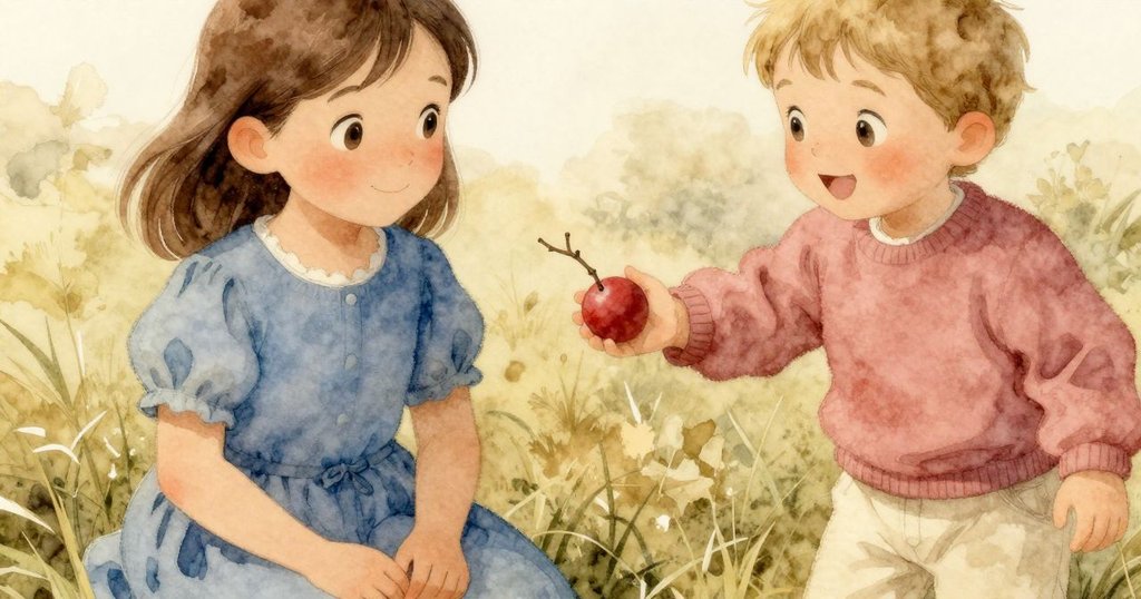 菲歐娜伸手拿著細小樹枝觸碰紅球，近距離呈現手部細節與草地質感，表情專注