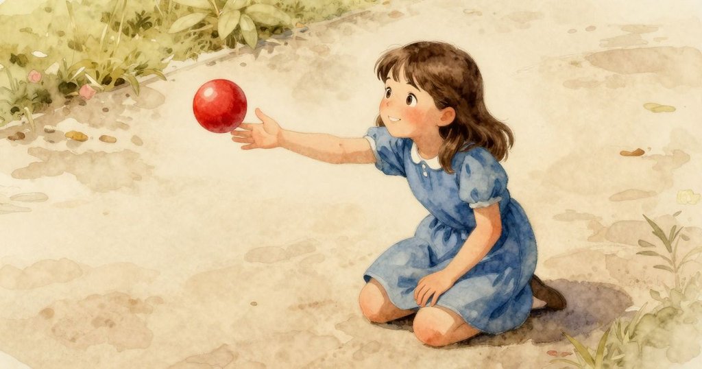 從上方俯瞰菲歐娜蹲於公園小徑，她伸出手臂觸碰紅球，午餐盒細節隱約可見，展現專注神情