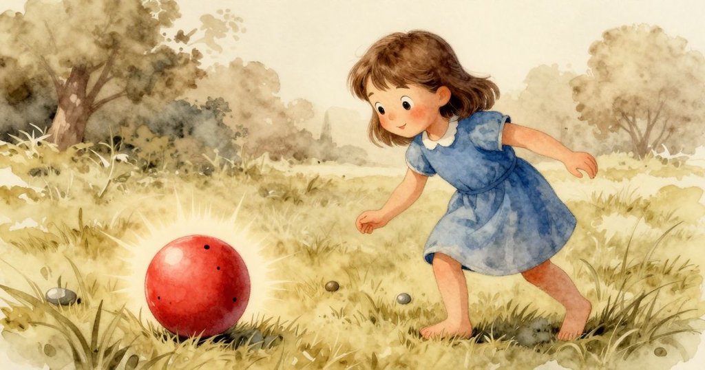 菲歐娜滾出一顆小石子觸碰紅球，紅球在突如其來的光芒中輕微移動，現出緊張與期待