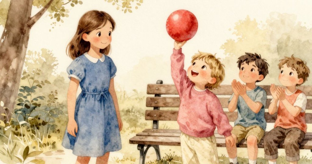 菲歐娜舉起紅球，另一孩子在旁鼓掌致謝，兩人在公園長椅旁共享成功的快樂時刻，光線溫暖