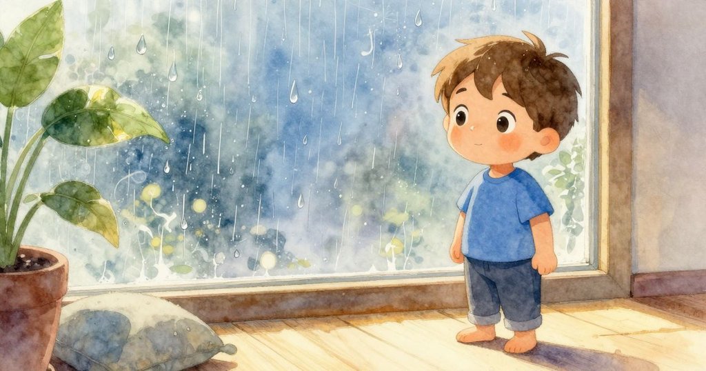 Hollis坐在室內墊子上透過窗戶看見雨滴滑落，環境充滿柔和晨光與迷霧，情緒充滿好奇與寧靜