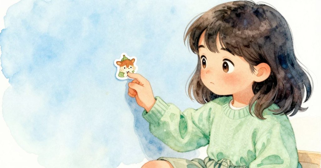 Frida專注地用手按壓貼紙，她表情緊密注視著細節，室內光線溫柔，情緒集中