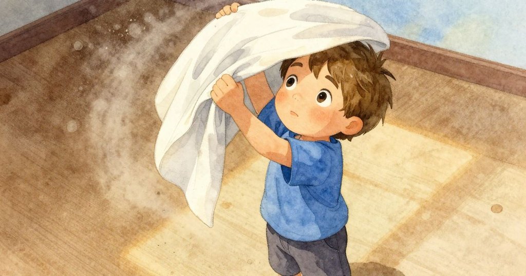 Hollis從上方視角拉起乾布，塵埃隨之飛揚，他打了一個噴嚏，房間角落光線昏暗而充滿戲劇性