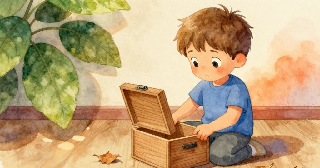 Hollis輕輕打開木盒，旁邊有一片細小棕色樹葉，盒中三顆石子閃爍著微光，場景溫暖如秋