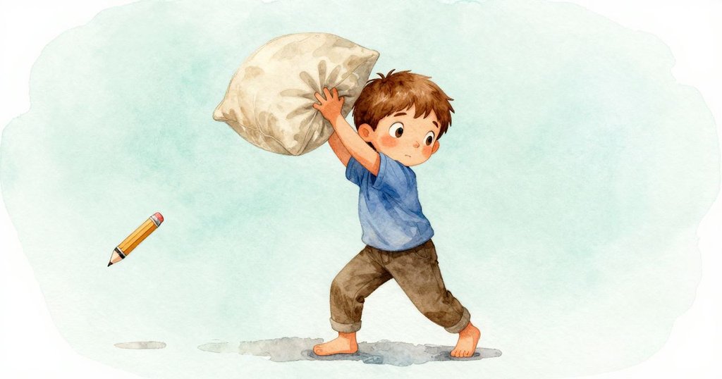 Hollis努力將手伸入墊子邊緣，用雙手推動，導致一支鉛筆滾出，室內光線柔和且充滿動感