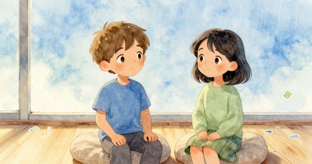 最終畫面中墊子平放，貼紙碎片與塵埃殘留在底下，窗外雨滴聚集成細流，營造出寧靜延續的氛圍