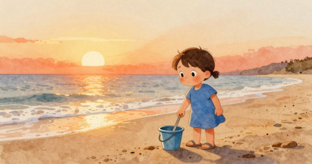 Uma在沙灘迎接朝陽, 輕輕敲打小桶, 沙灘上泡沫飛濺, 臉上流露著期待與興奮, 天邊微光映襯