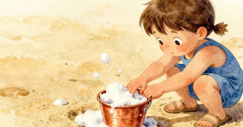 Uma的手輕敲小桶, 桶中泡沫冒出, 特寫細節呈現出沙灘上的溫暖光影與驚喜