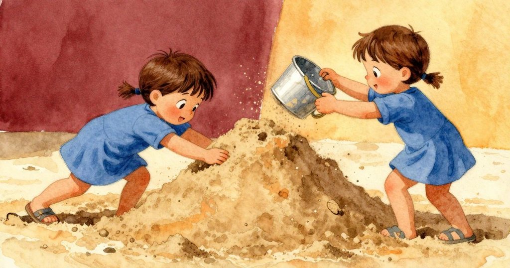 Uma翻轉小桶造出沙堆, 看到一側沙子突然滑落, 兩個動作並列呈現, 陽光明媚充滿活力