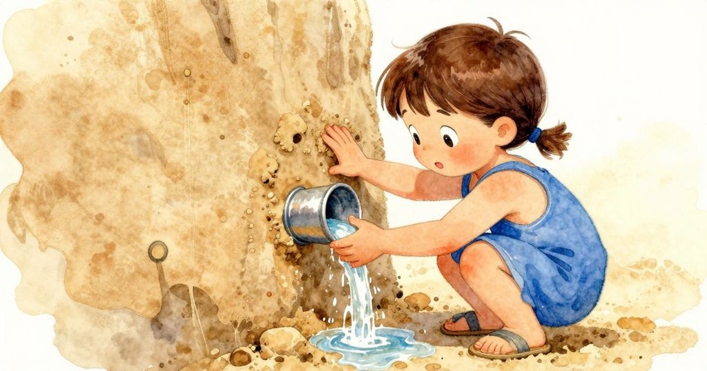 Uma用冷水澆灌沙地, 輕拍使沙牆堅固, 夏日陽光與微風相伴, 表情專注溫柔