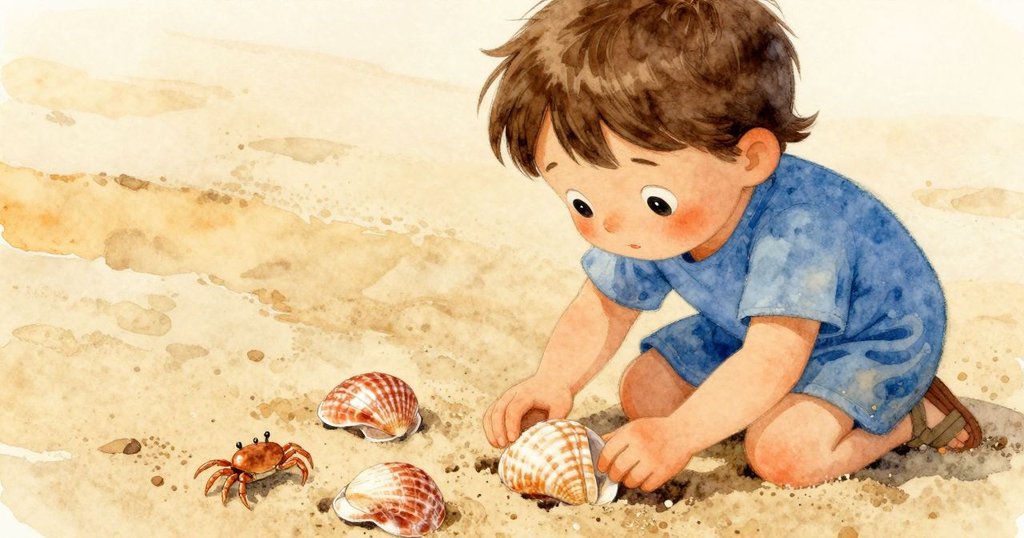 Uma跪著排列閃亮海螺, 一隻小螃蟹靜靜爬過, 表情專注與驚奇, 沙桌背景清晰呈現