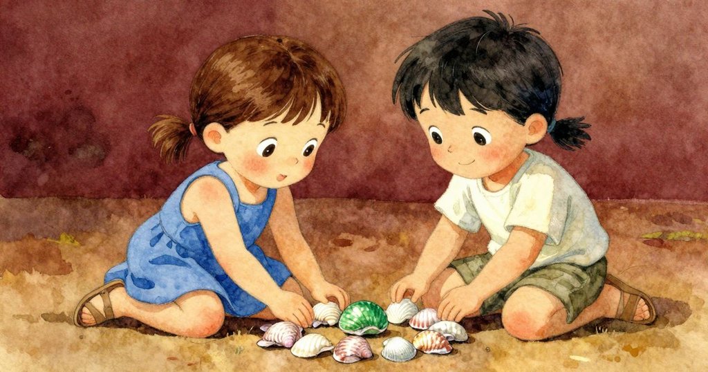 Fiona觀看Uma整理閃亮海螺, 一枚海螺綠光閃爍, 兩人相視微笑, 在沙灘上共享溫馨快樂時刻