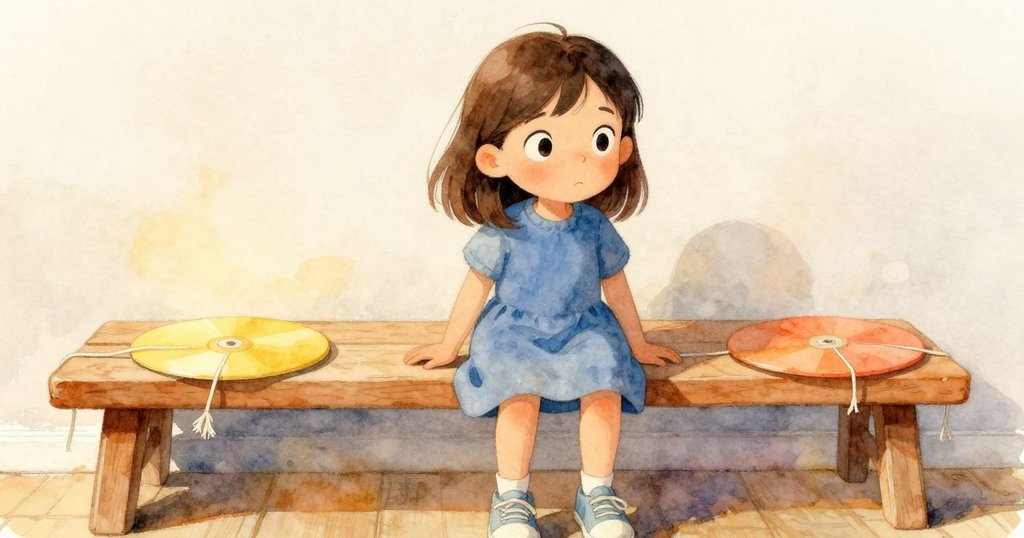 Rosa 手觸斷裂舊拉繩與閃亮新光盤，室內工作桌旁物品對比鮮明，情感細膩