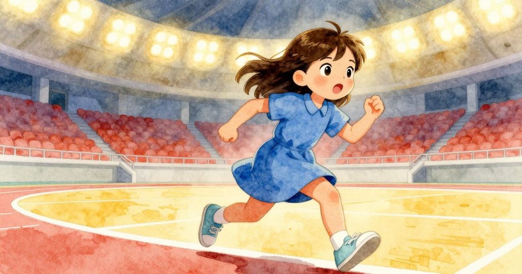 Rosa 在室內競技場急速奔跑追趕停滯陀螺，背景中 Zev 光盤發出嗡鳴急促，動感十足