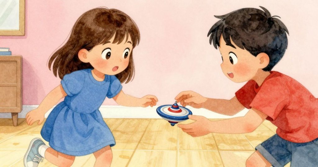 Rosa 與 Zev 真摯交換旋轉陀螺，雙手輕觸傳遞勝利情感，室內背景溫柔寧靜