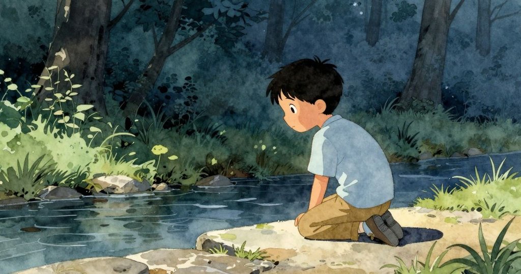 Yorick 膝蓋著石崖邊，用刷子調製工藝，溪水輕拂衣袖，神情專注於戶外明亮景色