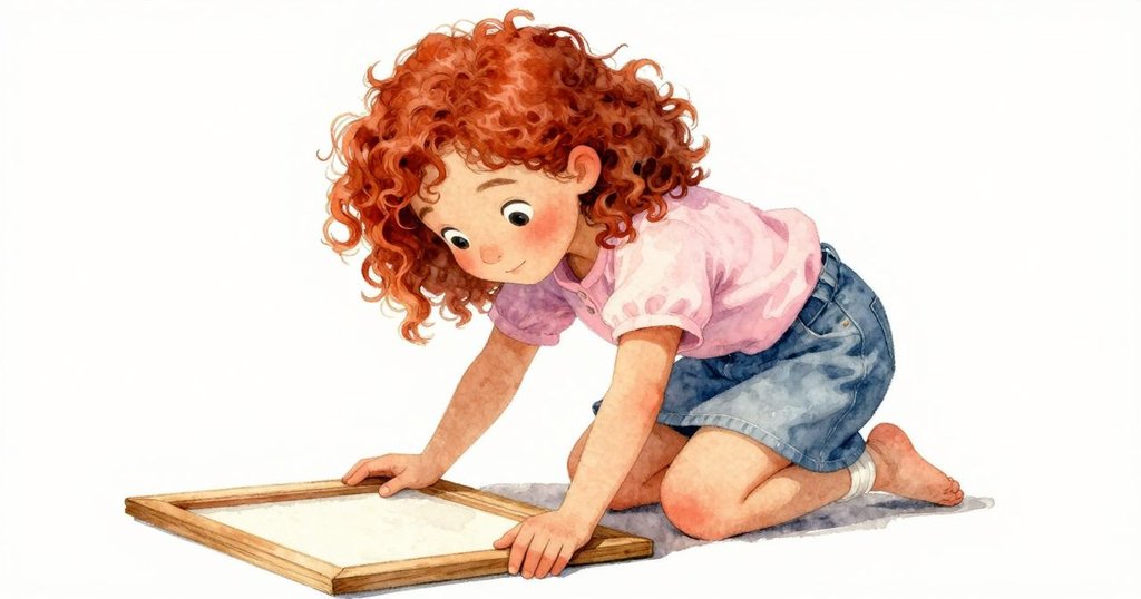 Lana 俯身調整木框，與手作工藝互動，背景綠意盎然，表情專注與溫柔互助