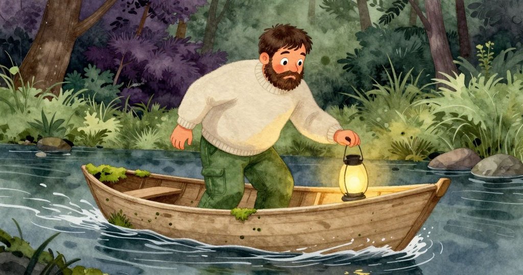 Moss 將燈籠船輕置溪水中，水面波光粼粼，綠意環繞，動作專注展現巧思