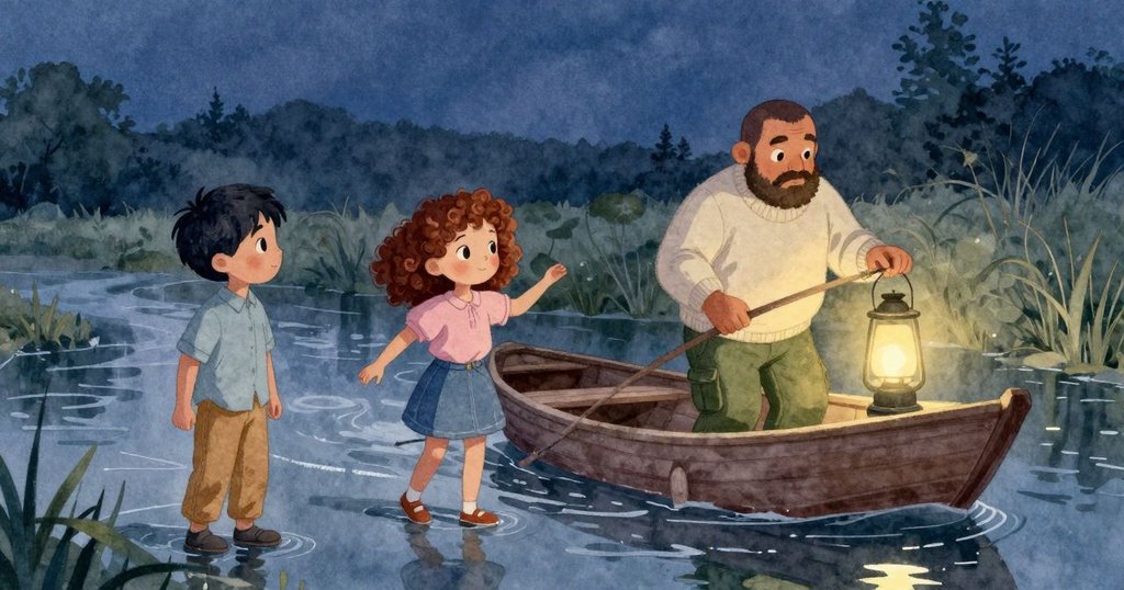 燈籠船順流漂浮，LED光芒映照水面，遠方橋影朦朧，整體氛圍充滿開放詮釋