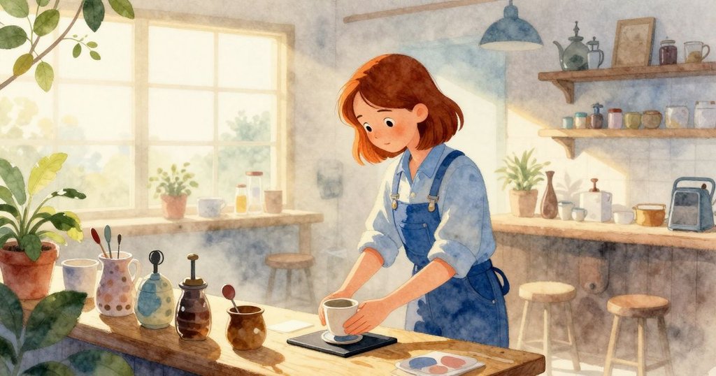 Winona在泡泡茶店中操作封杯機器，將杯子輕放於封口台上，蒸氣升起，背景呈現晨曦溫暖氛圍