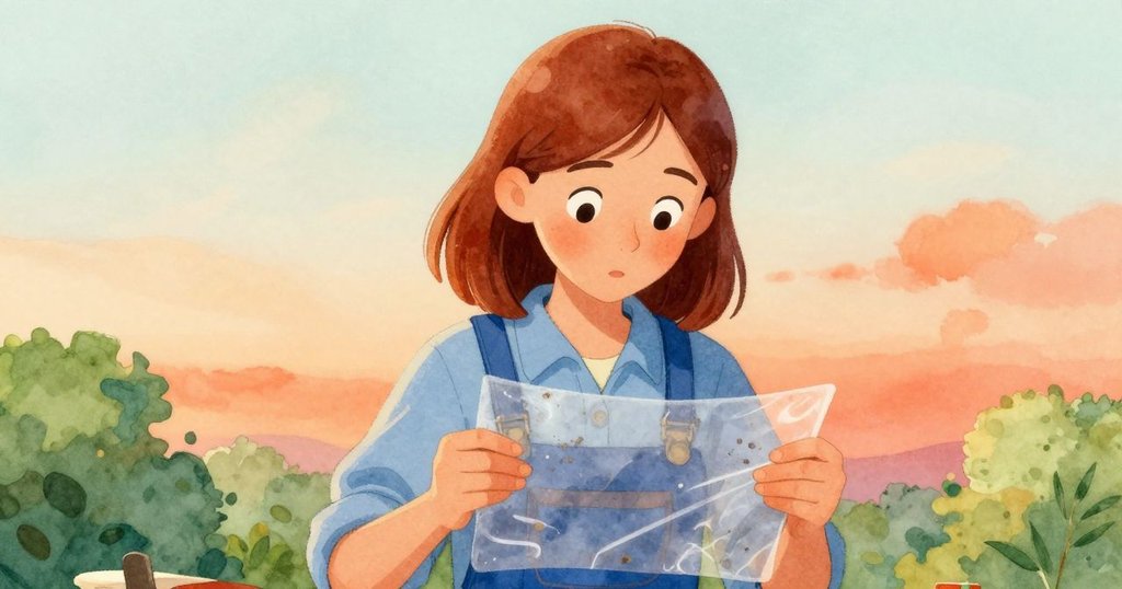 Winona仔細檢查塑膠薄膜，眉頭微蹙，手指輕觸材質，室內暖光映照下呈現專注神情