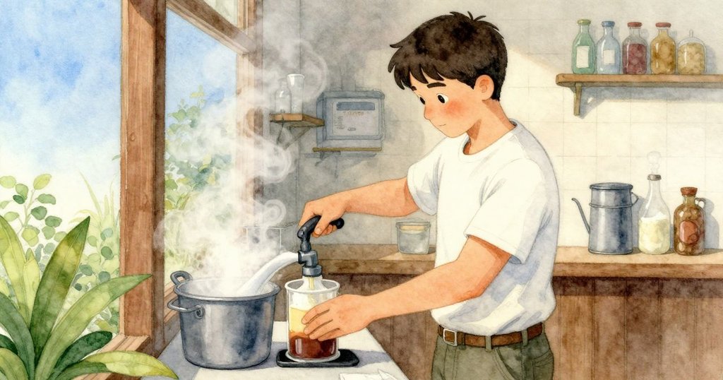 Kellan在背景操作糖漿泵，玻璃牆上映出細微反光，蒸氣瀰漫中展現專注與忙碌的工作狀態