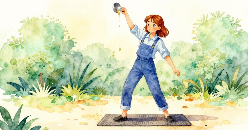 Winona在防滑墊上側步，舉起盛滿珍珠的勺子，糖漿牽引中呈現動作的精確與細膩