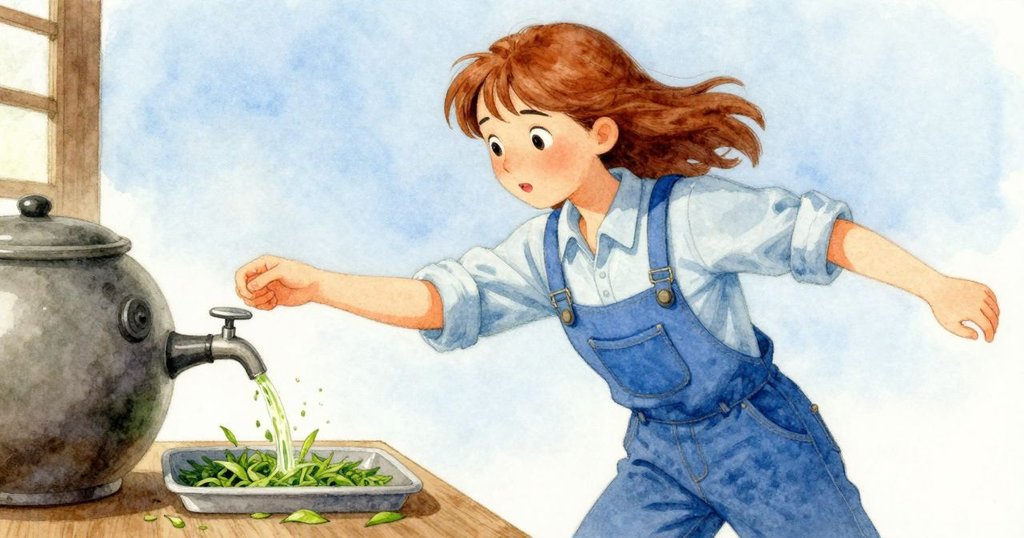 Winona快步奔向綠茶水龍頭，動態中呈現濾光與清澈茶液流動，動作中透露出急迫與專注