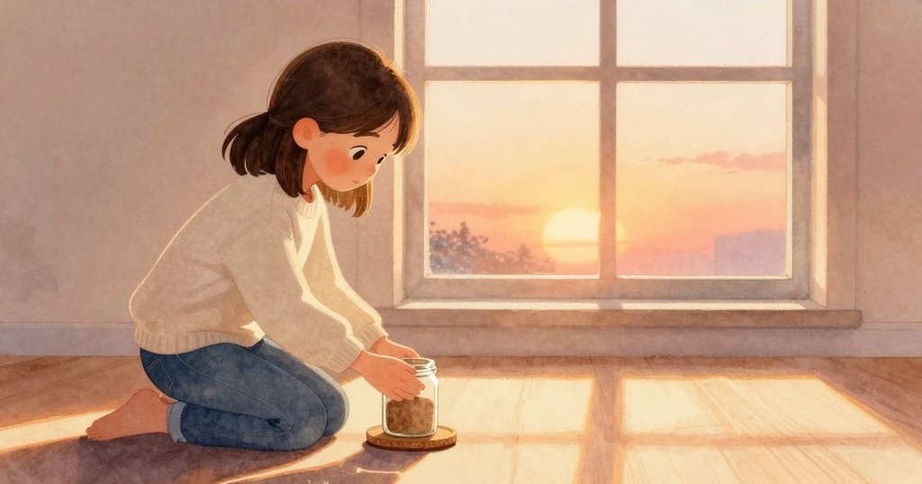 Zelma在陽光照射下細心擺放罐子, 背景明亮, 神情專注, 室內充滿溫暖光線與柔和色彩