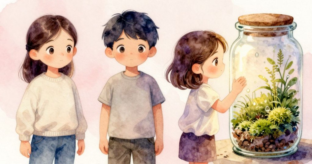 罐子細緻展示青苔、水滴與圓形卵石, 象徵精心呵護自然平衡, 溫暖光線下顯得格外生動