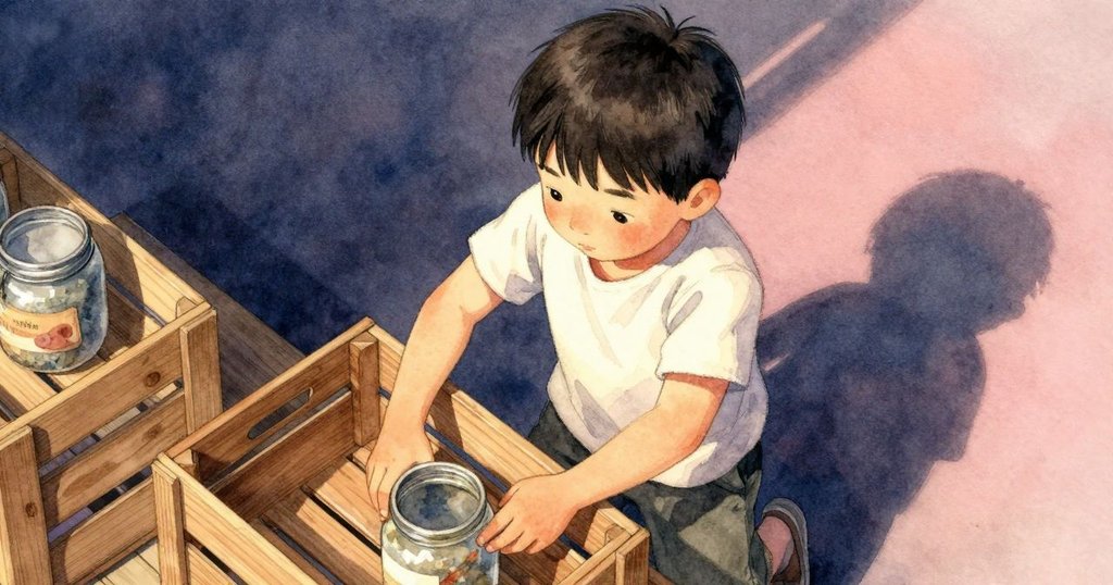 Cal在高角度鏡頭下調整木箱, 桌上擺有青苔與蕨葉, 神情專注, 營造出寧靜協作氛圍